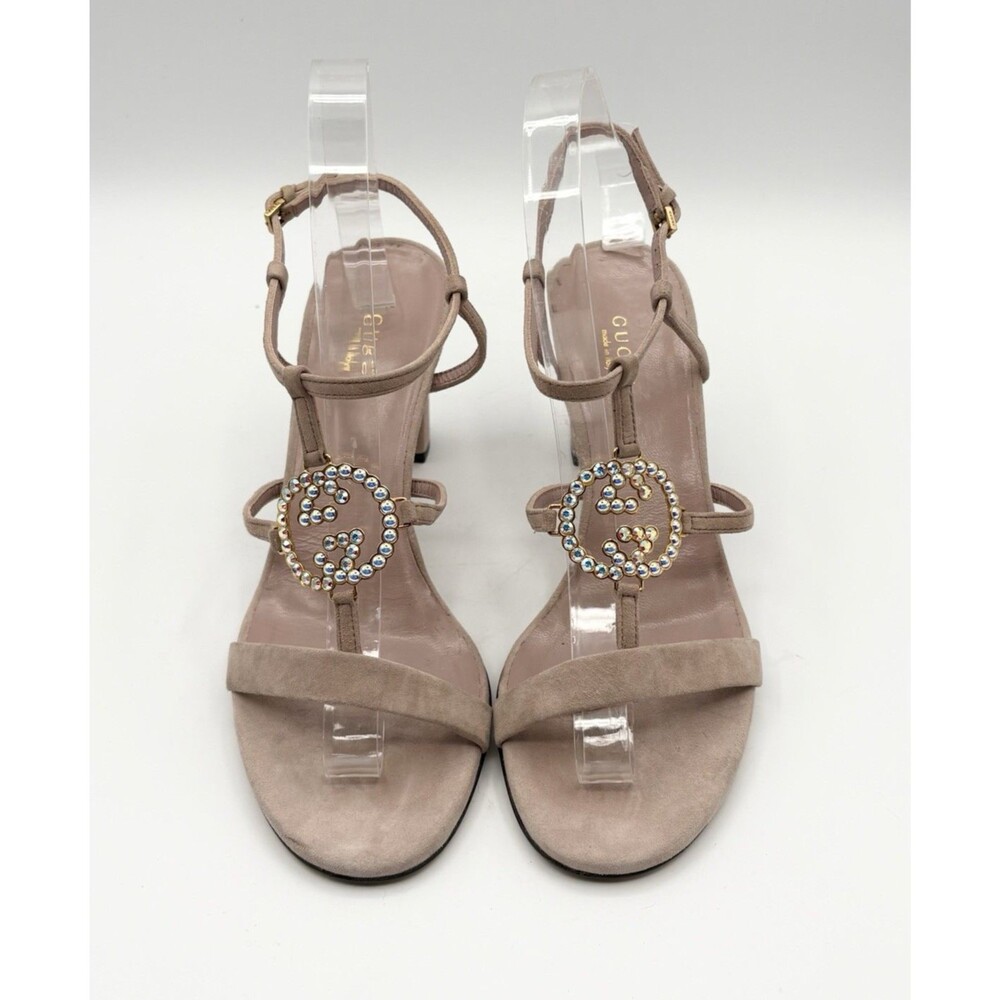 Gucci Nude Pink Suede Block Heels Sandals Rhinestone GG Logo T Strap EU 37.5